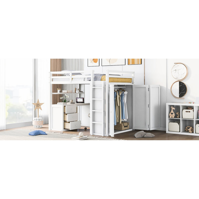 Lit mezzanine double - blanc. Tiroirs, bureau et garde-robe inclus. Fabrication. Pas de sommier tapissier. L 78,3 po x l 56,7 po x H 65 po. Pour un sommeil confortable Blanc avec solution de chambre polyvalente pour tous