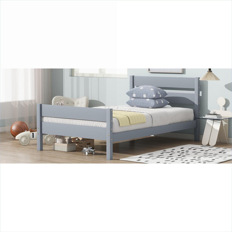 Lit plateforme simple gris en bois d'hévéa de style minimaliste avec tête et pied de lit