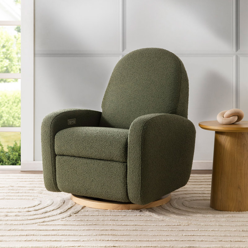 Nami Electronic Recliner and Swivel Glider Recliner in Shearling with USB port, Olive Boucle