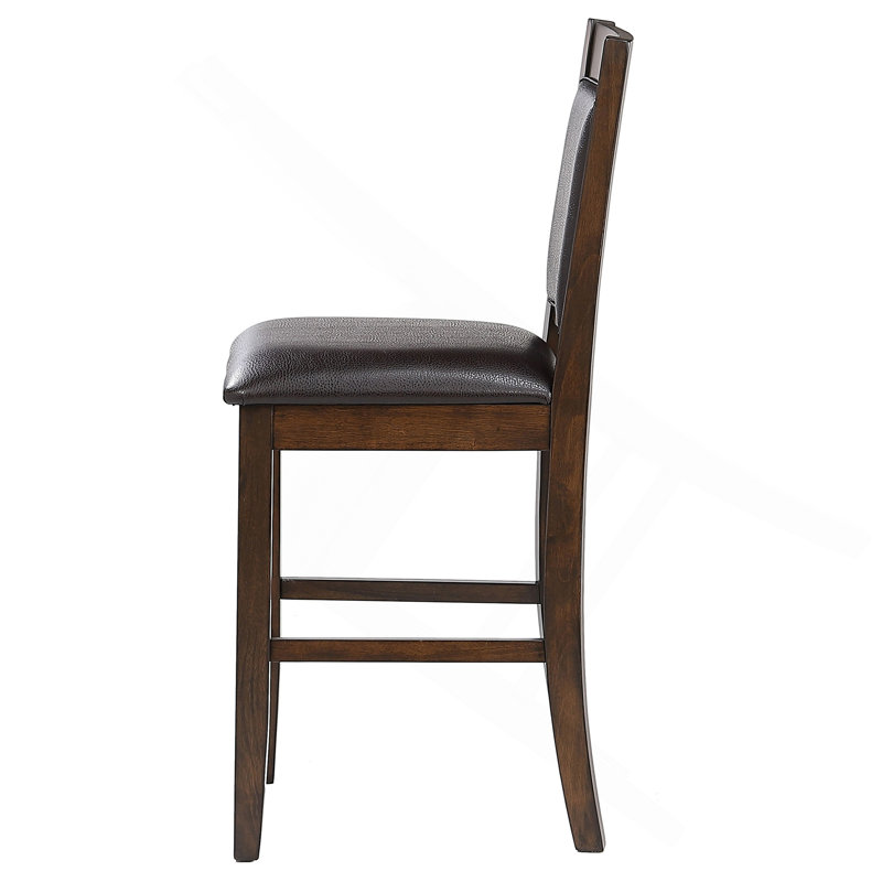 Upholstered Counter Height Chair Rich Walnut Wood Finish Padded Seat And Backrest Upholstered Brown Faux Leather Bar Chairs 2Pc Seta