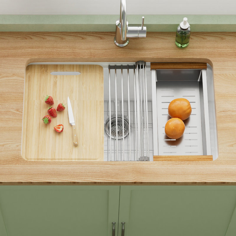 30"L x 19"W Fireclay Undermount Workstation Kitchen Sink, Drop-in Kitchen Sink White Single Bowl, Dual Mount, with Colander and Cutting Board