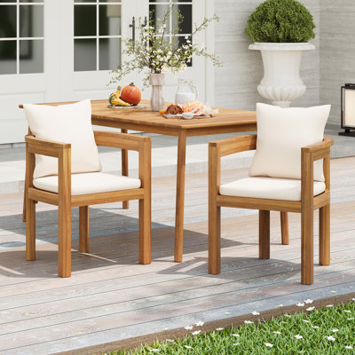 Abaco Outdoor Acacia Wood Dining Chair, Teak Finish With Beige Cushion, Set Of 2