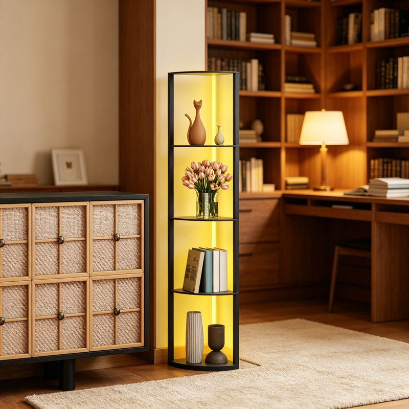 5-Tier Floor Lamp with Shelves, Black Modern Standing Lamp, Dimmable Brightness with Remote Control, Multi-Layer Corner Display Shelf for Living Room Bedroom Office