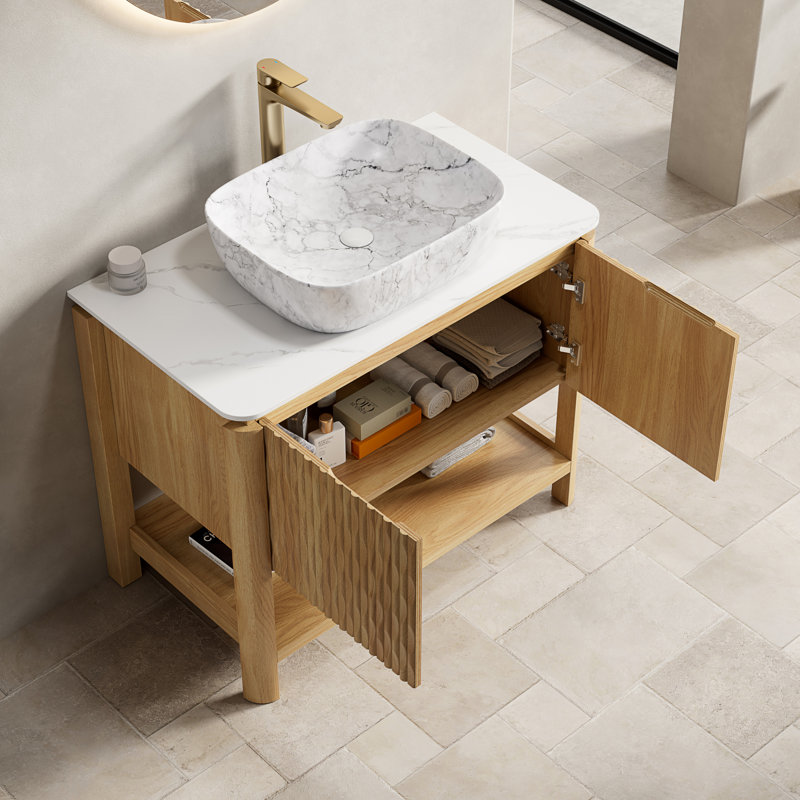 Ensemble de meuble-lavabo et lavabo moderne avec finition grain de bois et plateau en marbre Modern