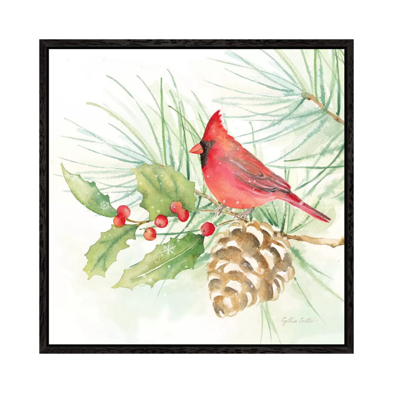 Winter Birds - Cardinal by Cynthia Coulter - Painting on Canvas, 45.72 cm H x 45.72 cm W, Black Framed