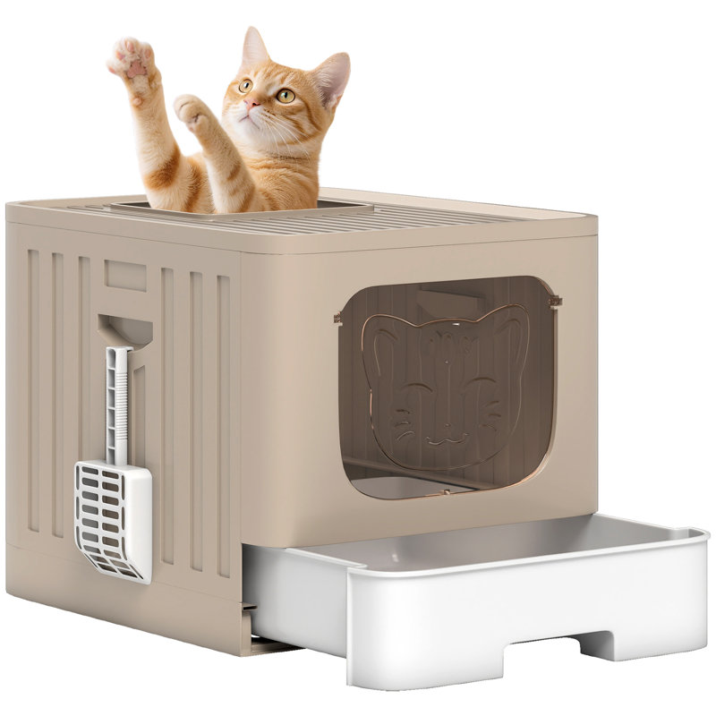 Cat Litter Box with Lid Slide-Out Drawer, Khaki