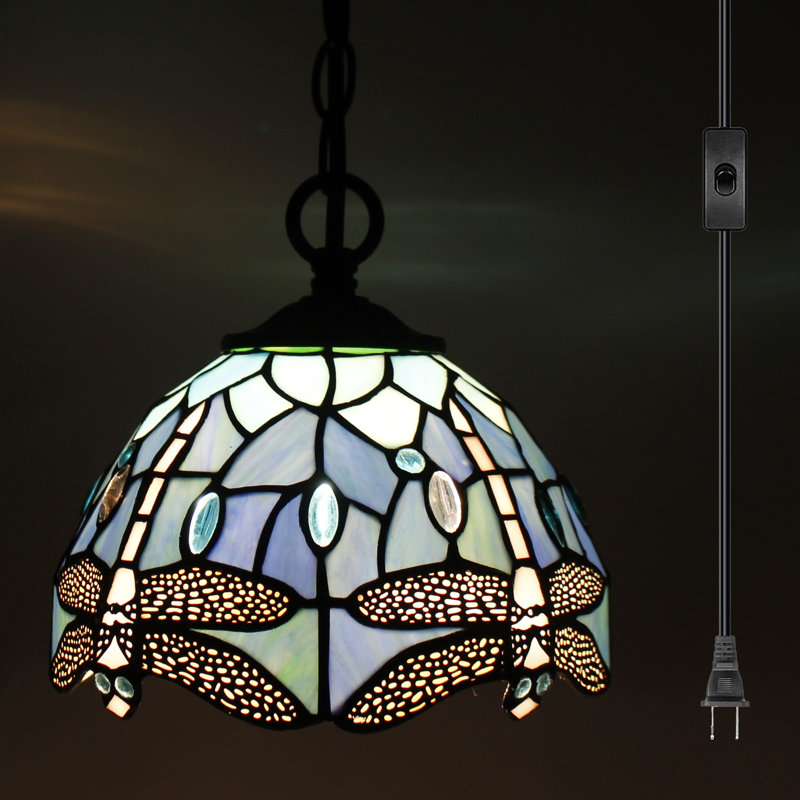 Petite lampe suspendue en verre coloré style libellule Tiffany, Libellule bleue