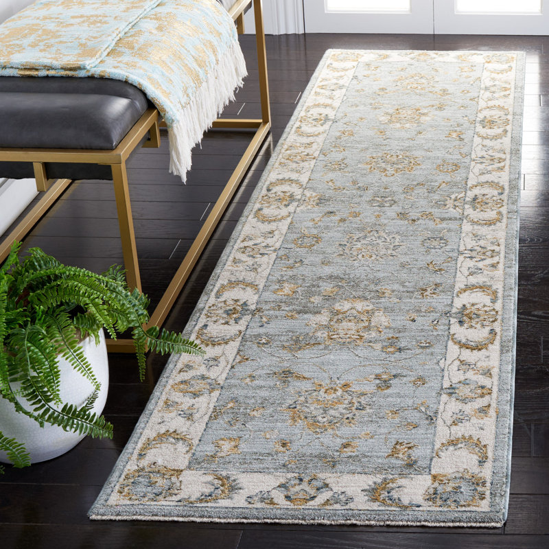 Tapis oriental en polyester fabriqué à la machine en bleu / or, Tapis de couloir 2 pi 2 po x 8 pi