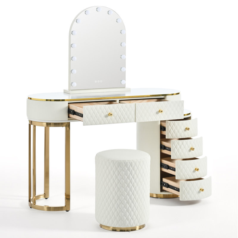 Luxury Makeup Vanity Desk With 3-Color LED Mirror & Stool