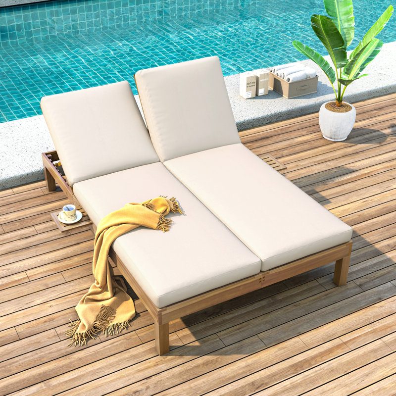 Chaise longue double à 5 positions à dossier réglable pour l'extérieur, Teck clair