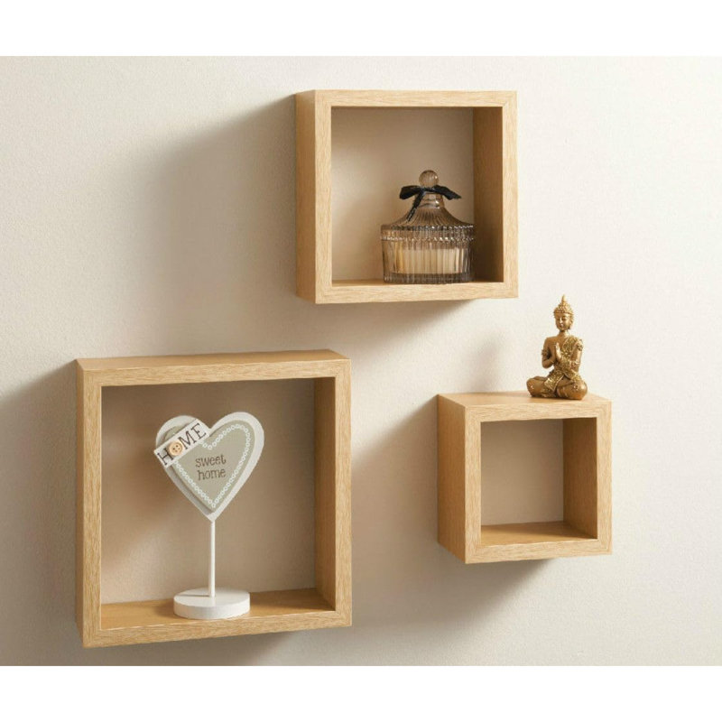 Chaisty 3 Piece Square Floating Shelf, Oak