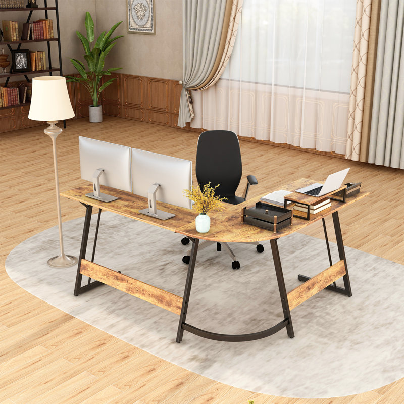 VillaGrove L-Shaped Metal Base Computer Desk, Rustic Brown/Black