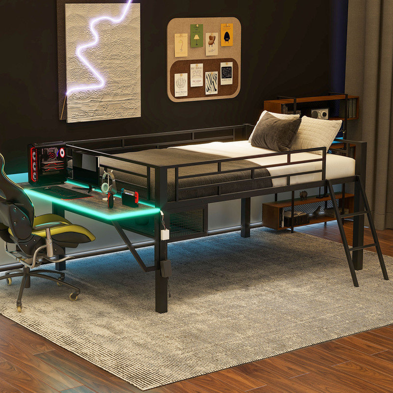 Full Size Gaming Loft Bed with Desk, LED and Shelf, Metal Bed Frame with Mesh Undercarriage Storage, Full