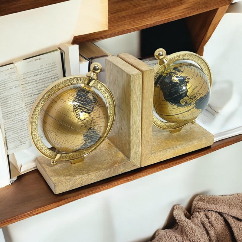 Rosdorf Park Traditional Metal Bookends Set, Antique Brass Globe Design ...