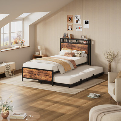 Modern Industrial Twin Daybed With Pop-Up Trundle & Storage Headboard | Space-Saving Bed Frame With Built-In Charging Station, Brown by 17 Stories
