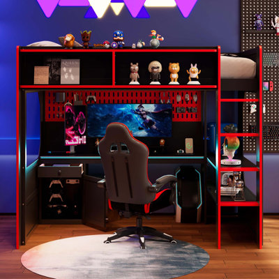 Lit mezzanine double avec bureau intégré et lumières, base de lit en bois moderne avec bureau et station de charge intégrée