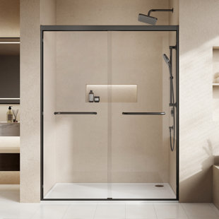 Semi-frameless Sliding Shower Door W: 60 X H:72 Inches, 1/4 "clear Glass Bathroom Sliding Door Easy To Install, Double Sliding Glass Shower Room Matte Black(nhlf012hgmb)