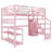 Full Size Metal Loft Bed with Stairs, Wardrobe and L-Shaped Desk, Loft Bed with Storage Shelves, LED Lights & Charging Station, Pink-2098110121
