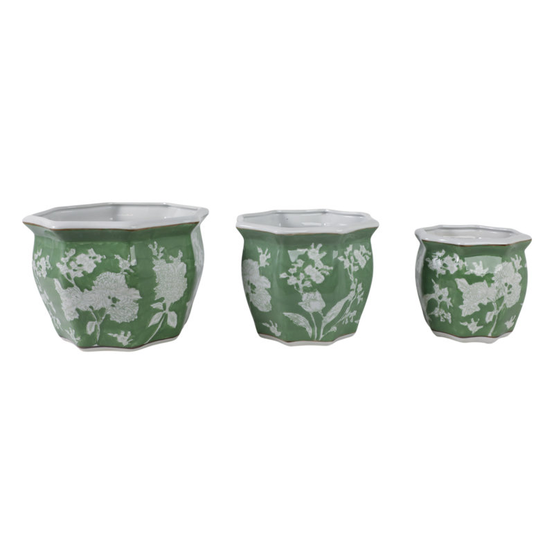 Ceramic Planters Floral Pattern Indoor Outdoor Decorative Garden Pots For Home And Garden Display Use Set Of 3 - 9", 8", 7" Green