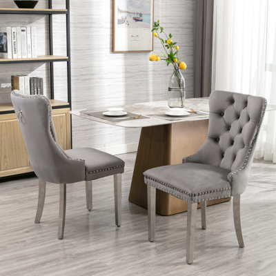Velvet Dining Chair , 2 Pieces, Gray Color, Legs, Wing Back, Foam Interior, Rubberwood High Velvet, Stainless Steel Back Shape, Filled, Constructed With