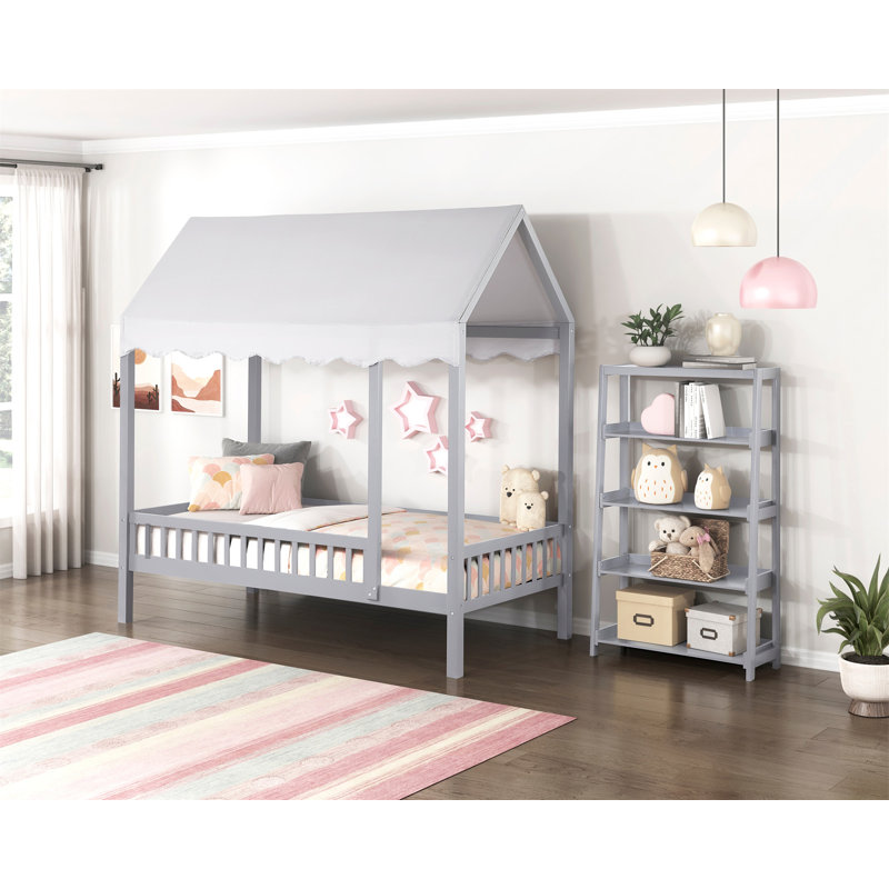 Finition grise lit plateforme lit à baldaquin en tissu moderne en bois 1pc, Gris