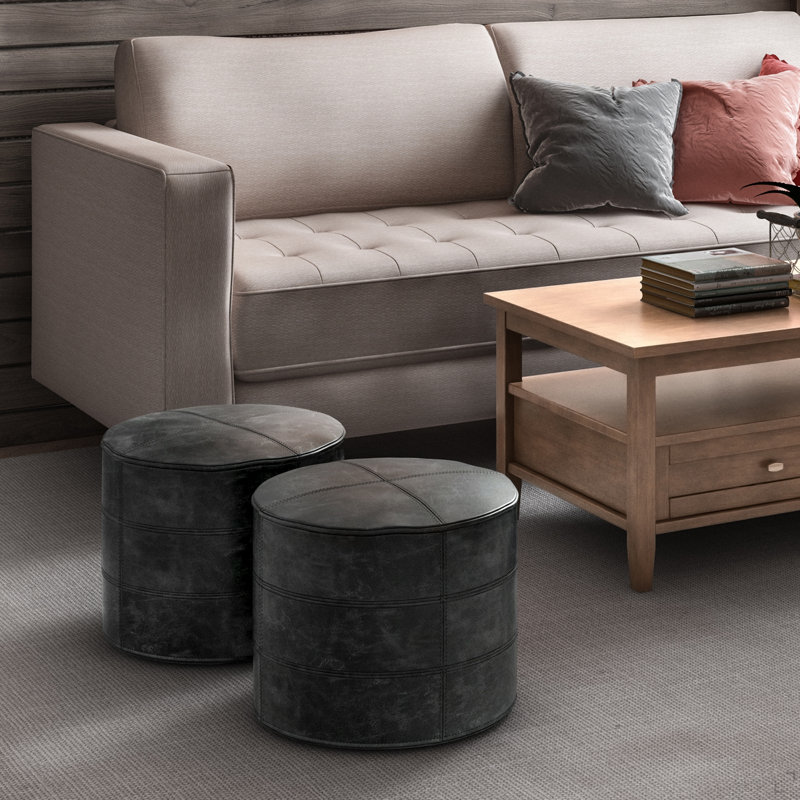 Pouf rond de 18 po de largeur en cuir véritable noir vieilli, Black