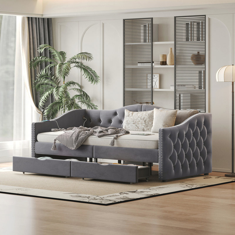Lit de jour rembourré avec tiroirs de rangement, lit de jour simple en bois, aucun sommier nécessaire