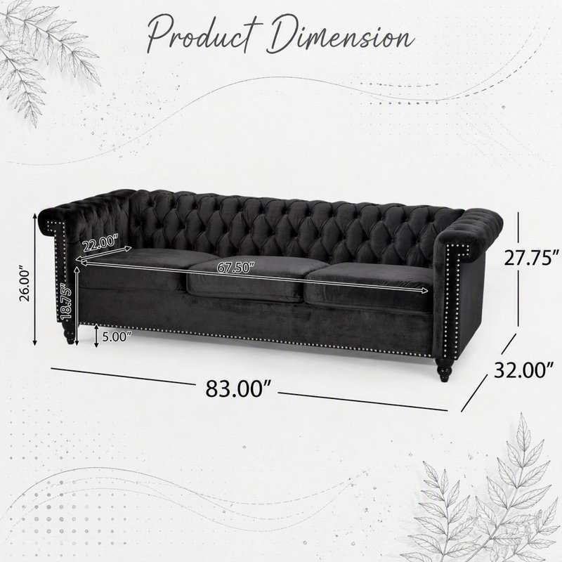 Canapé trois places confortable au design élégant pour le salon, Tissu noir