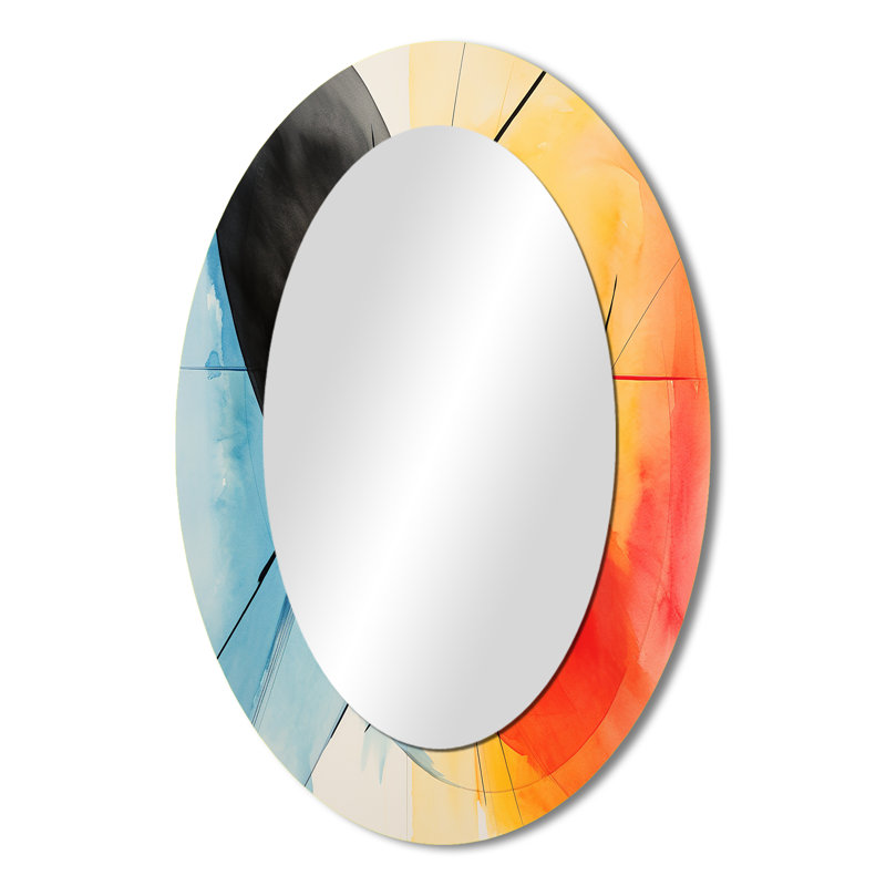 Motif géométrique de couleurs douces IV - Miroir décoratif abstrait ovale sur métal, 36 po x 24 po