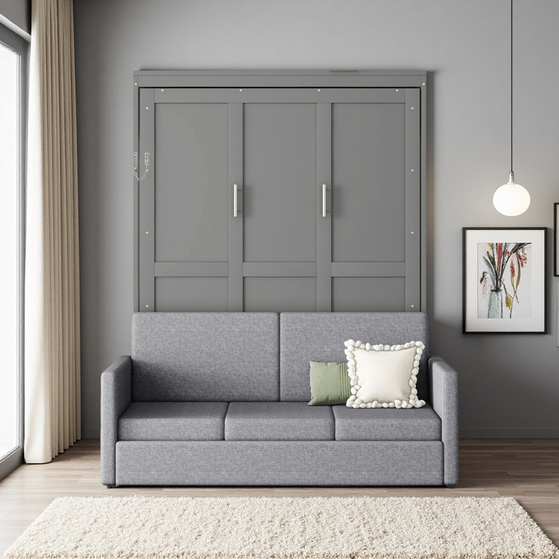 Grand lit escamotable mural avec coussin, Gris
