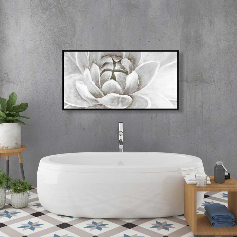 Délicat chrysanthème blanc - décor de toile encadrée gris moderne, H 49,25 po x l 25,25 po