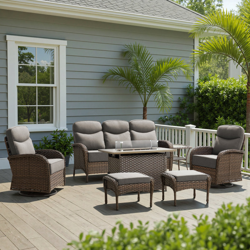 7-Piece Outdoor Wicker Courtyard Fire Pit Conversation Set With Sofa, Swivel Chairs And Ottomans, Gray