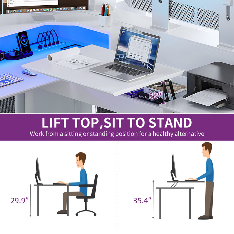 Wade Logan 59'' L-Shaped Adjustable Lift Top Desk with LED Lights & Power Outlets, White