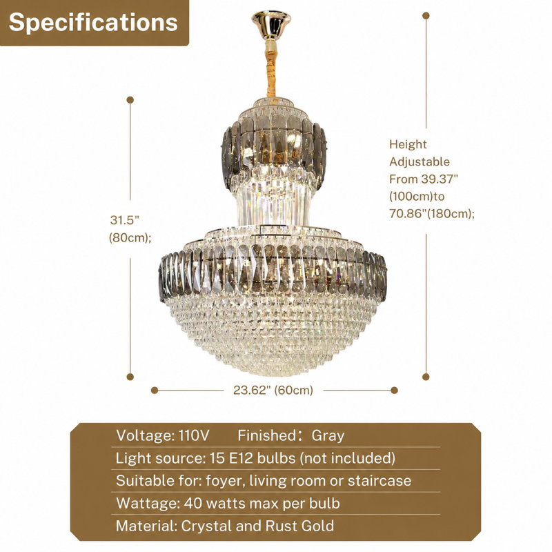 Lustre à 15 lumières en cristal K9 à niveaux multiples et à intensité variable, H 31,5 po x l 23,62 po x P 23,62 po