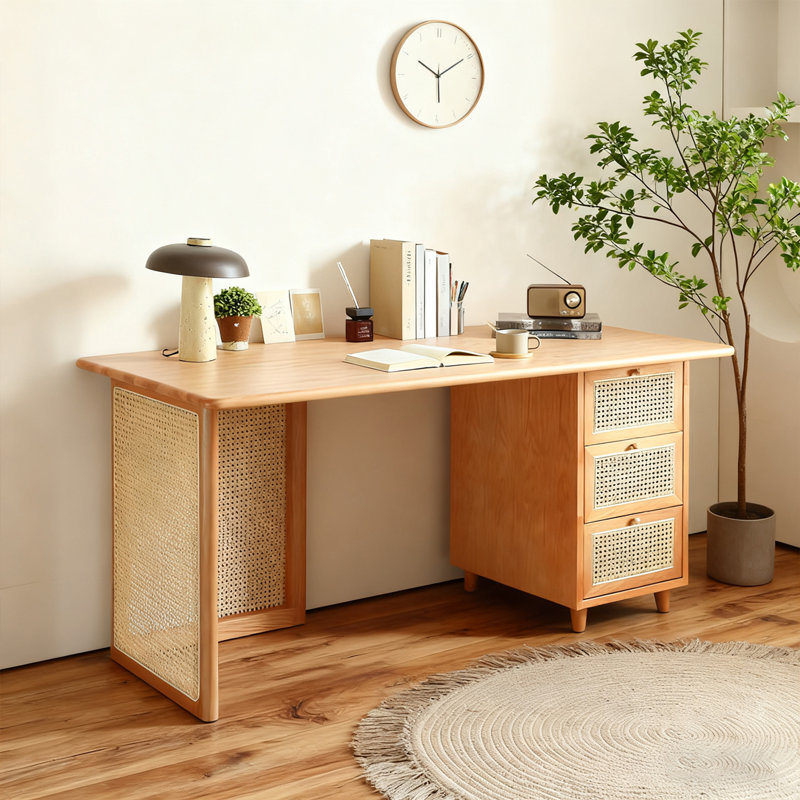 Brown Rectangular Solid Wood+Rattan desk, 29.53" H x 86.61" W x 39.37" D
