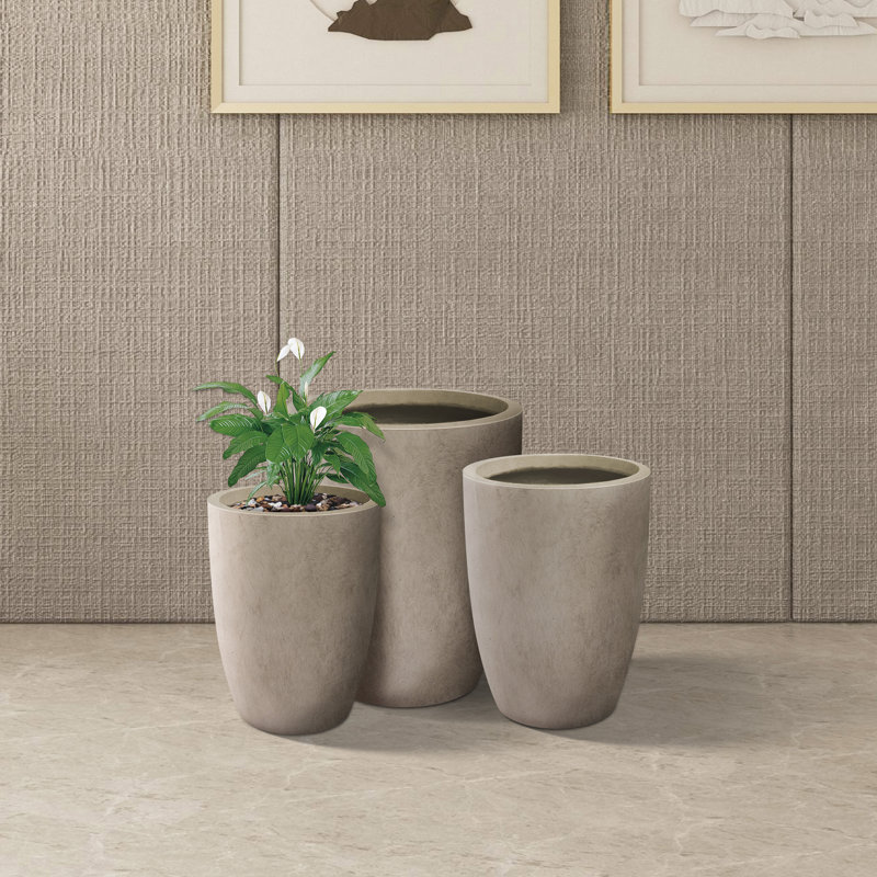 Kante 3 Piece Round Charcoal Finish Concrete Modern Tall Planters, Outdoor Indoor Decorative Plant Pots with Drainage Hole and Rubber Plug Set