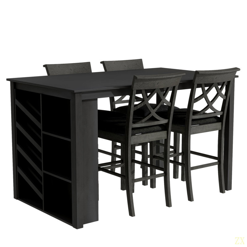 Ensemble de table de salle à manger en bois massif 5 pièces, table avec support à vin incurvé et 4 chaises rembourrées, Gris