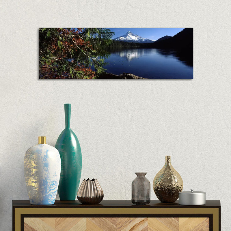Reflection Of A Mountain In A Lake, Mt Hood, Lost Lake, Mt. Hood National Forest - Wrapped Canvas Panoramic Print