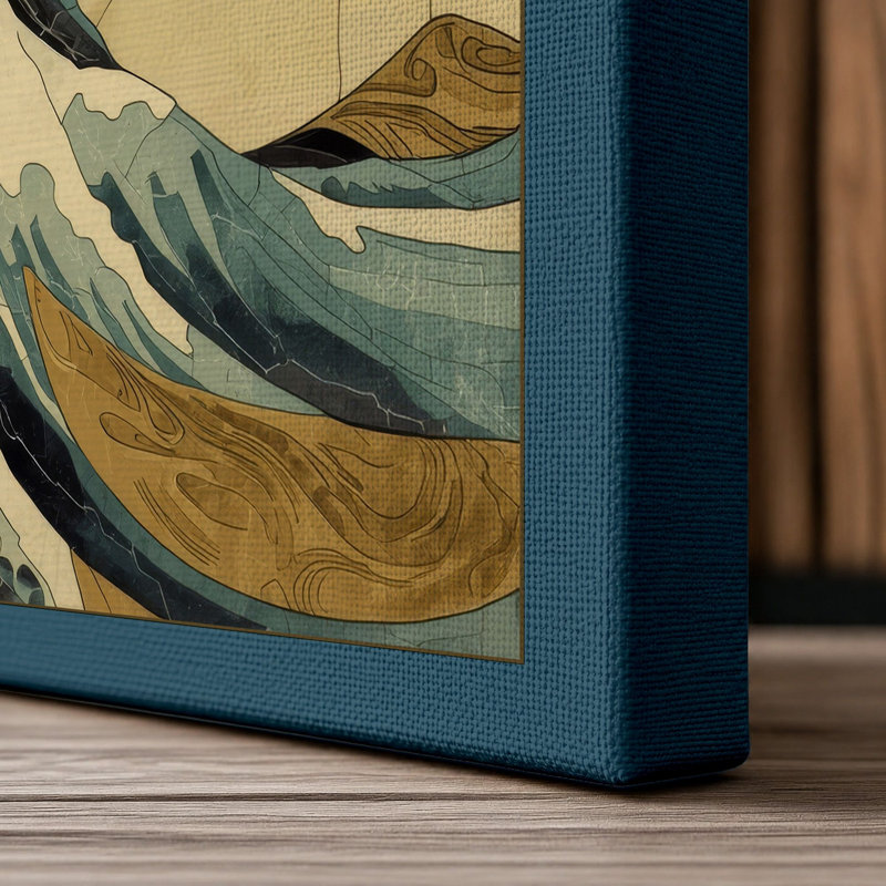 Great Wave in Blue Japandi - Wrapped Canvas, 36x24 - 91.4 x 61.0 cm, Teal Border