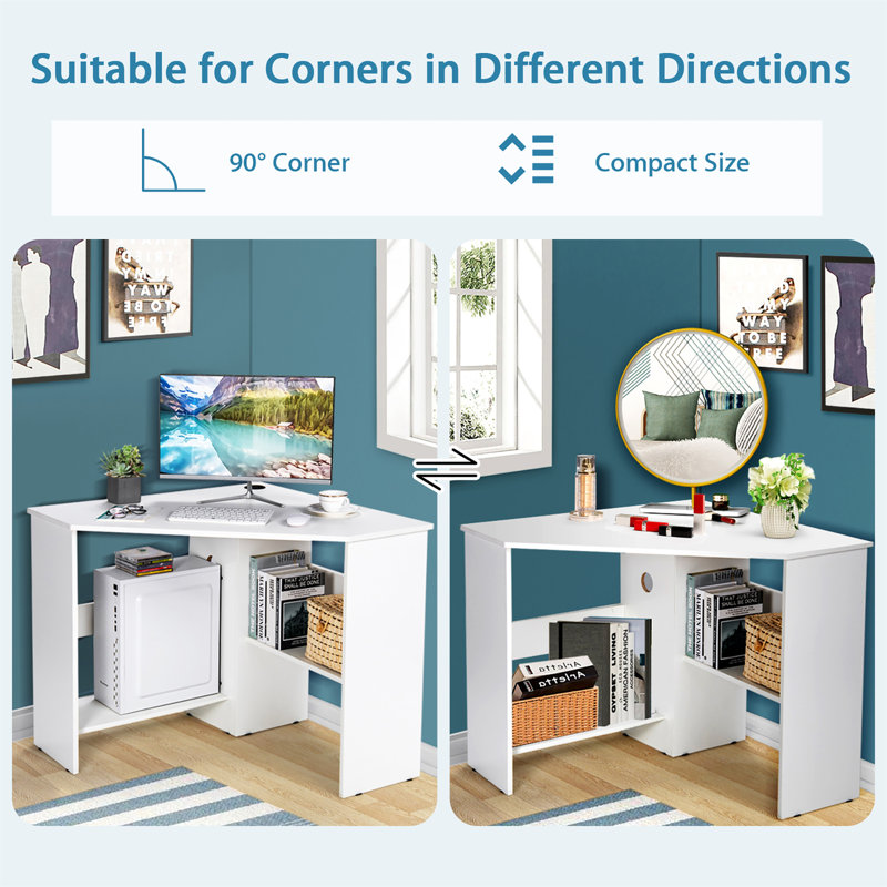 White Compact Corner Computer Desk with Storage Shelves