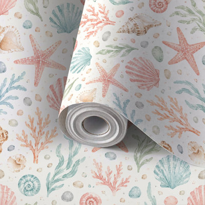 Peel and Stick Wallpaper Contact Paper Watercolor Ocean Shells Self Adhesive and Removable 24in x 118in(60x300cm)