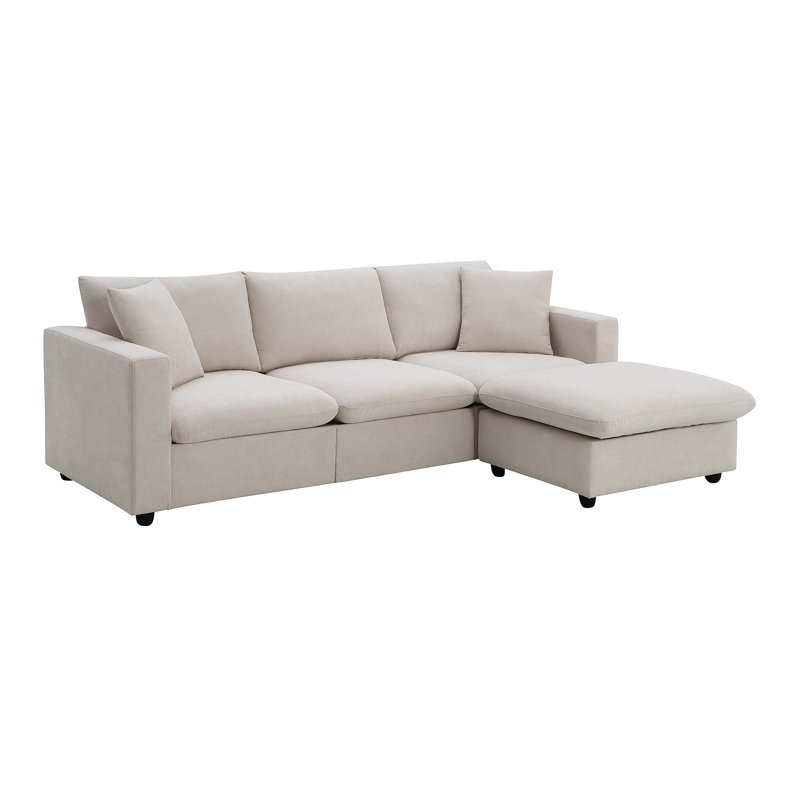 Comfortable Polyester Sectional Sofa with Movable Ottoman and Sturdy Frame, Beige