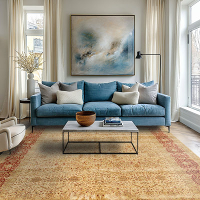 Tapis Agra transitionnel en laine, noué à la main, beige et orange brûlé, 2,46 m x 3,05 m