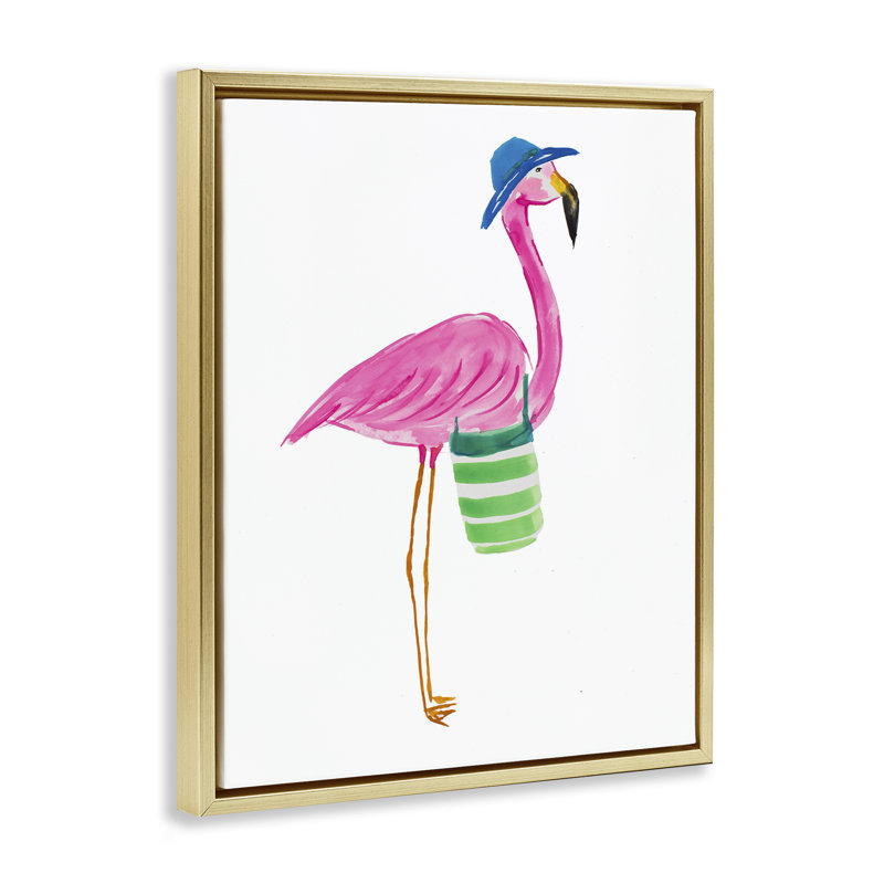 Flamant rose avec sac de plage, toile flottante encadrée par Julie DeRice, Cadre flottant métallique doré, H 21 po x l 17 po