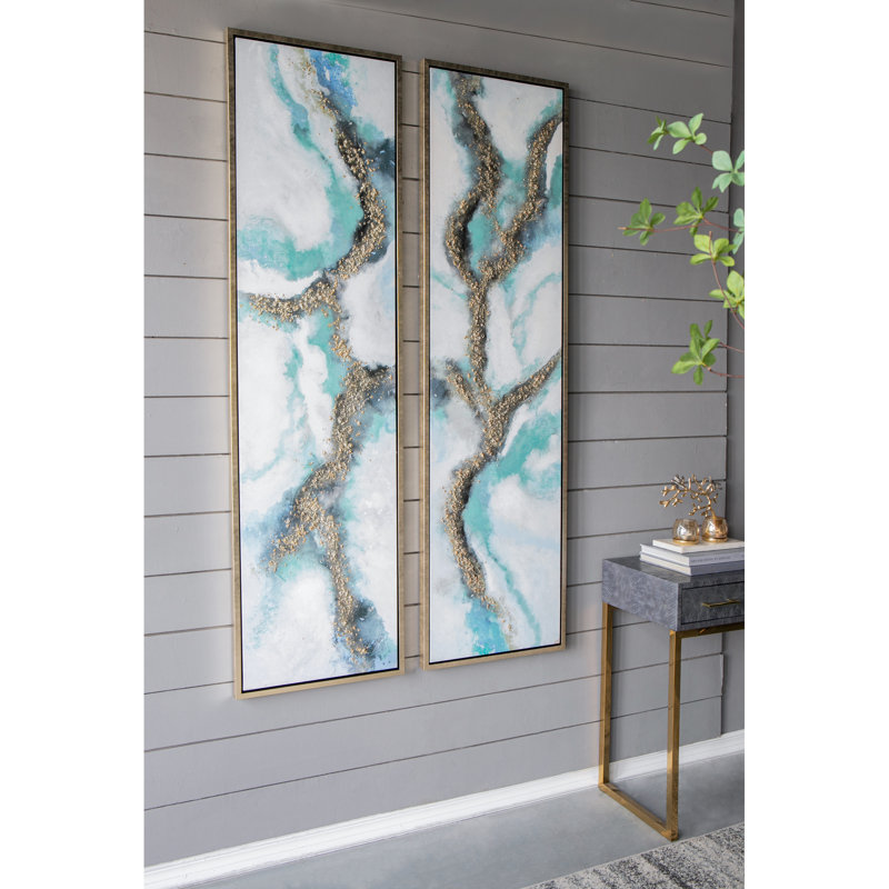 De 2 œuvres d'art contemporaines à l'huile abstraites, ornement mural rectangulaire encadré de 20 po x 71 po, de première qualité, ravissant pour les événements, motif de nuage bleu et blanc avec ornement métallique doré moderne