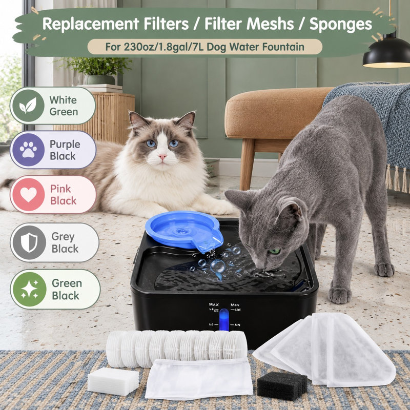 Replacement Kit for 230oz/7L dog fountains with a 5-layer filtration system, containing 12 filters, 12 mesh bags, and 14 sponges.