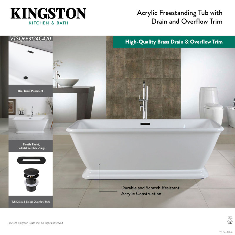 Kingston Brass Aqua Eden 66-Inch Acrylic Oval Rectangular Double Ended Pedestal Tub with Drain (No Faucet Drillings)