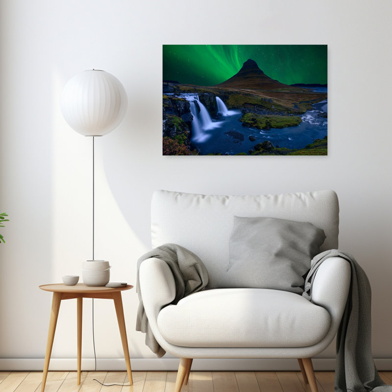 Kirkjufell Aurora Waterfalls Dramatic Ethereal Mystical Landscape Mountain Wall Art Print 1 Piece Wrapped Canvas Wall Art