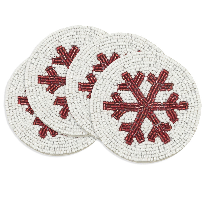 Sous-verre Snowflake Sparkle Beaded (ensemble de 4), Blanc / Rouge