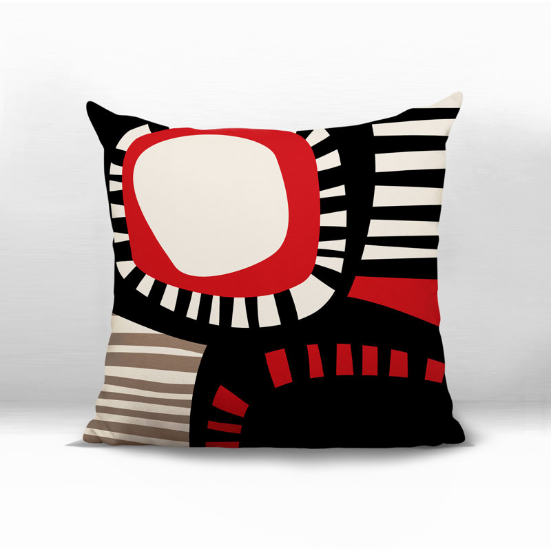 Oreiller carré réversible intérieur / extérieur Alika, Rouge / noir / blanc cassé abstrait, H 15 po x l 15 po